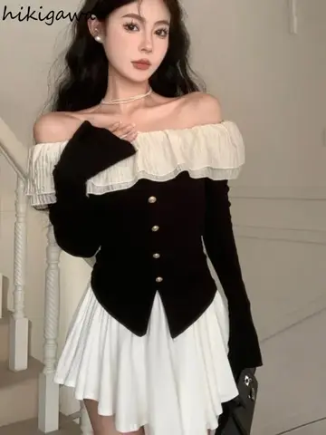 2025 Shirts for Women Off Shoulder Tshirts Long Sleeve Ruffles Tees Single Breasted Split Y2K Crop Tops Sexy T Shirt Ropa Mujer