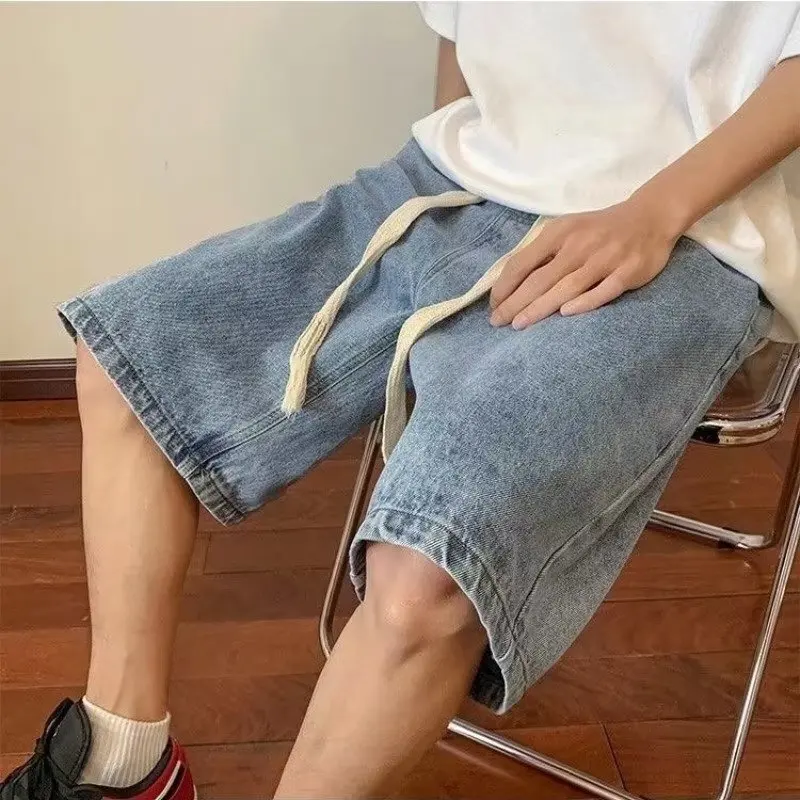 

Casual Summer Loose Denim Shorts For Men Fashion Drawstring Elastic Waist Knee Length Jeans Shorts