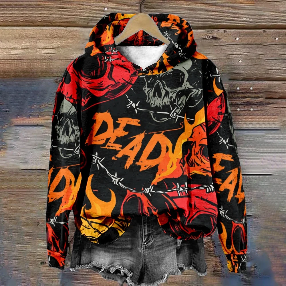 سويت شيرت نسائي بغطاء للرأس ثلاثي الأبعاد للهالوين مع طباعة رأس جمجمة للاستخدام اليومي والمتعة في الهواء الطلق #4