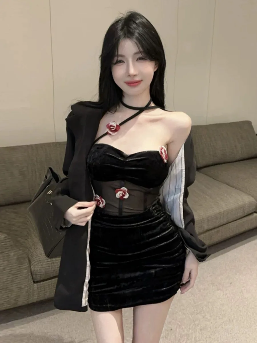 여성용 벨루어 드레스, 레이디 홀터 코르셋 허리 원피스, 3D 꽃 아피크, 블랙 섹시 여성 파티 데이트, 저녁 연회 드레스, 겨울