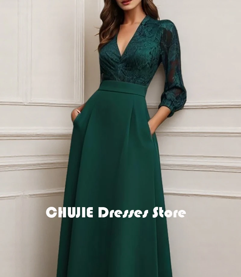 다크 그린 롱 슬리브 여성용 신부 어머니 드레스 V넥 롱 드레스 맞춤 웨딩 파티 이브닝 드레스 볼 가운