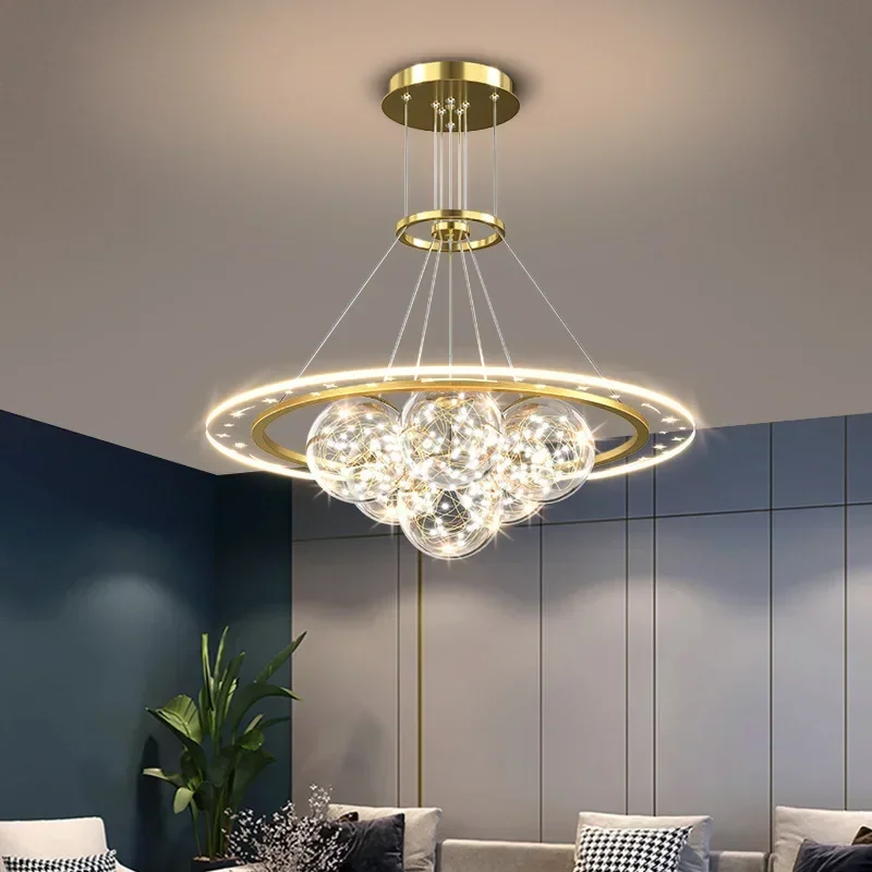 

Living Room Pendant Lamp Nordic Creative Bubble Glass Led Chandelier Gold for Bedroom Gypsophila Round Ring Hanging Light