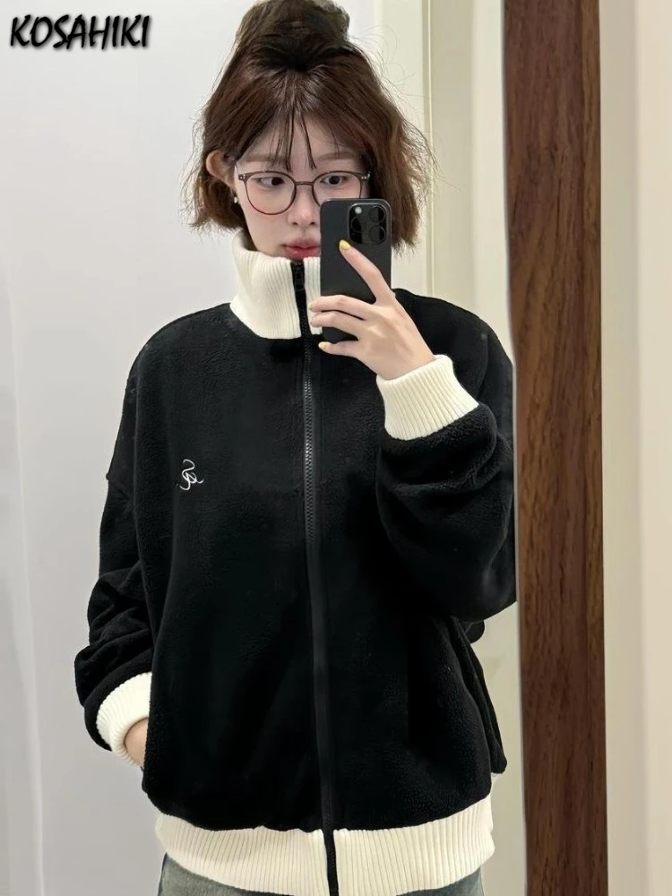 

Ягненная шерсть, контрастный цвет, лоскутная Y2K, эстетичная толстовка с капюшоном, женская свободная толстовка с вышивкой, гранж, Harajuku, повседневная карманная толстовка