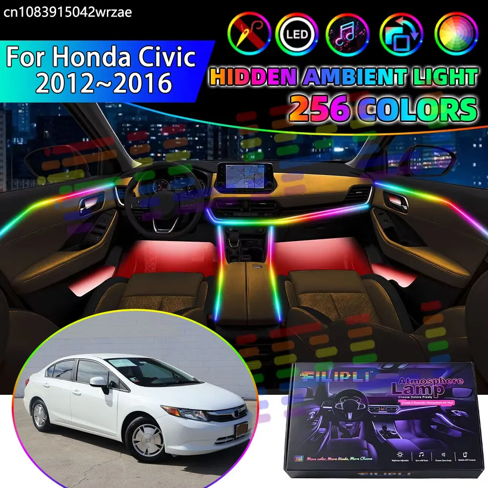 For Honda Civic 2012~2016 MK9 2013 FB FG FK RGB Car Interior Ambient Lights Strips Breathing Lighting Kit App Control LED Parts