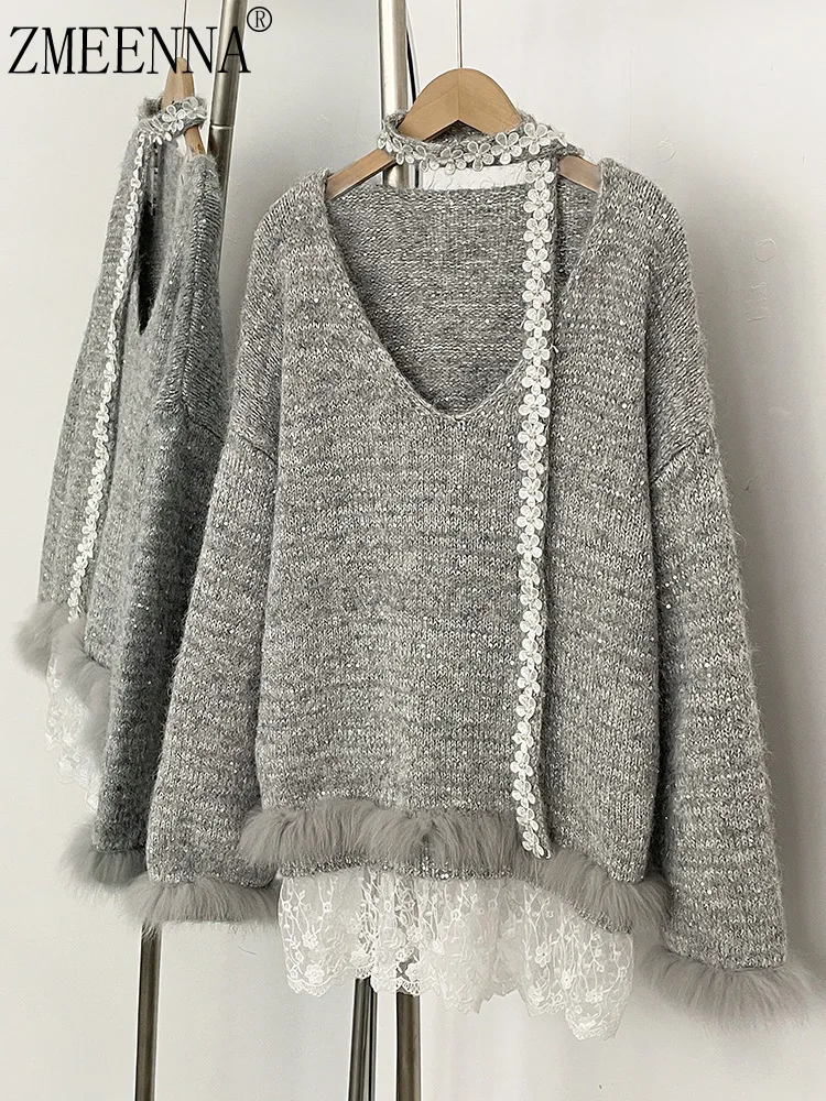 

ZMEENNA женский серый блестящий вязаный свитер с v-образным вырезом, белый цветочный декор, искусственный мех, кружевной подол, многослойный пуловер, топ ZM4212