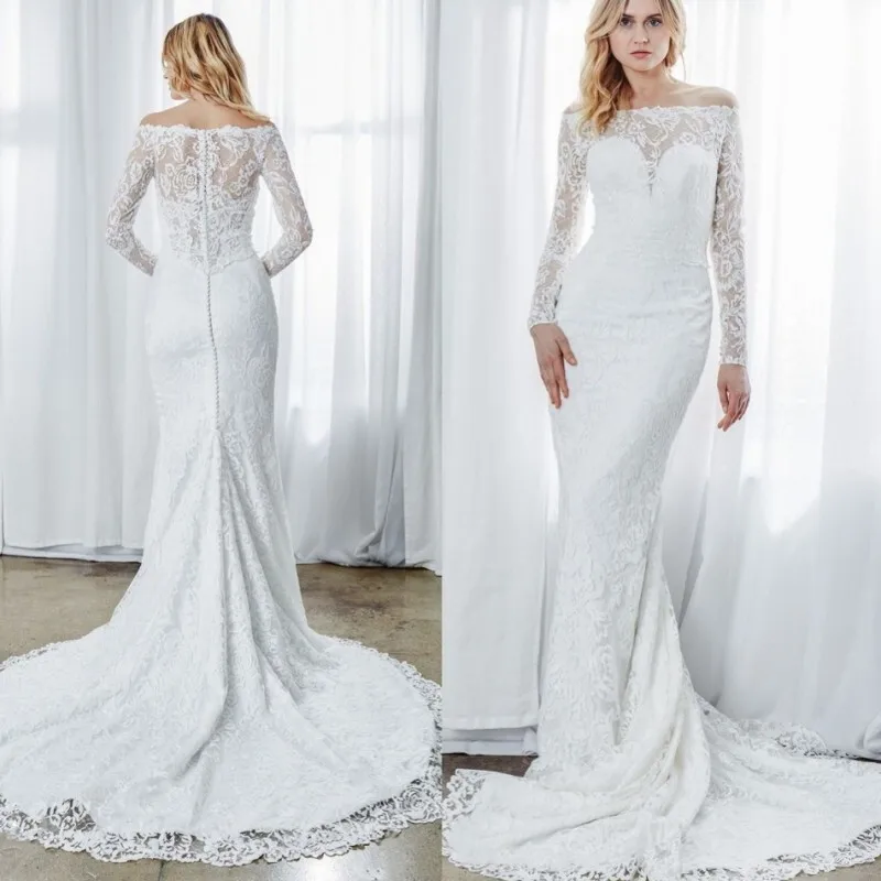 

Spring Garden Off Shoulder Long Sleeve Full Lace Applique Bridal Gown Sweep Train Mermaid Wedding