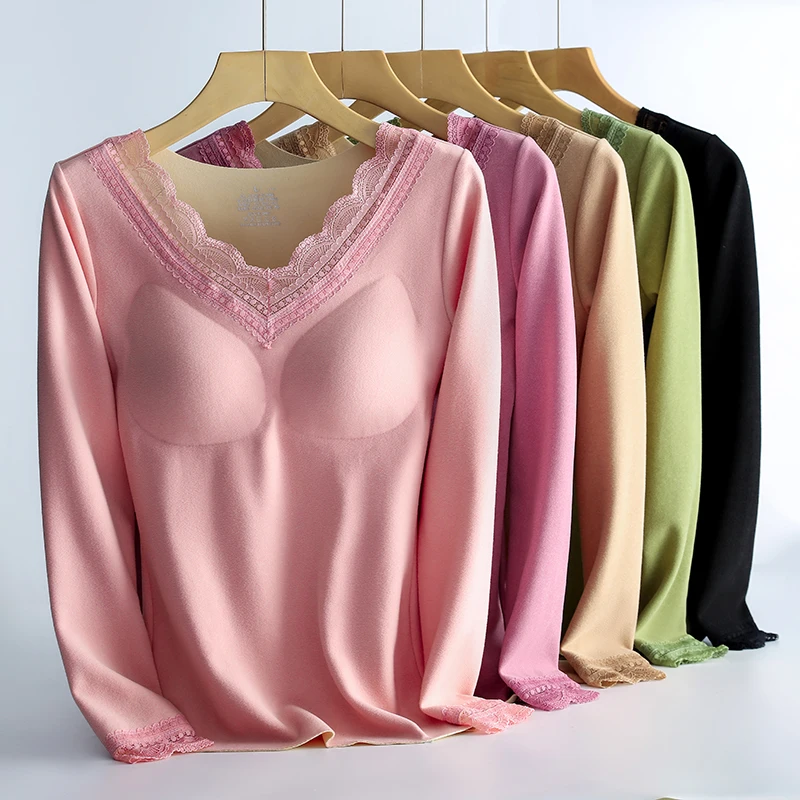 Velvet tThermal Underwear Long-sleeved Bottoming Shirt With Cup Lace V Colar Single Layer Sanding Heating Top For Cold Winter