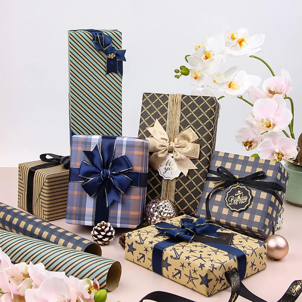 70x50cm Retro Blue Grid Gift Wrapping Paper Wave Sea Star Pattern Men Birthday Valentine's Day DIY Decor Gift Packaging Paper