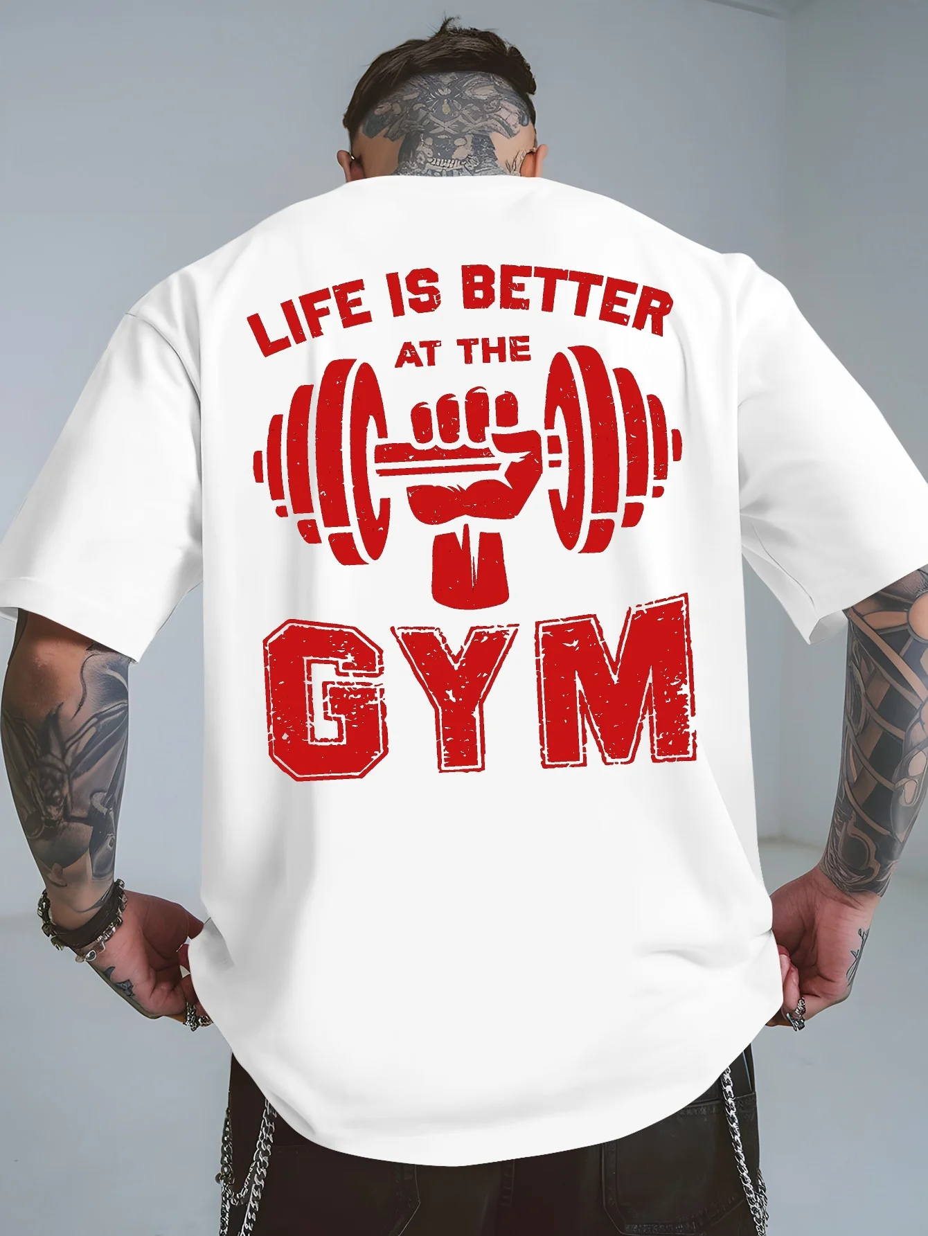 Men'S Life Is Better At The Gym Graphic T-Shirt Casual White Short-Sleeve Tee with Dumbbell Design Breathable Short Sleeve