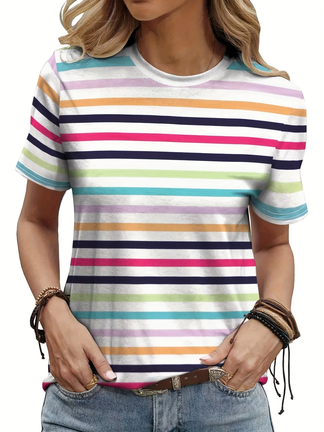 The vibrant multicolor stripe print in fresh pastels brings a cheerful, retro vibe—perfect for pairing with jeans or shorts for