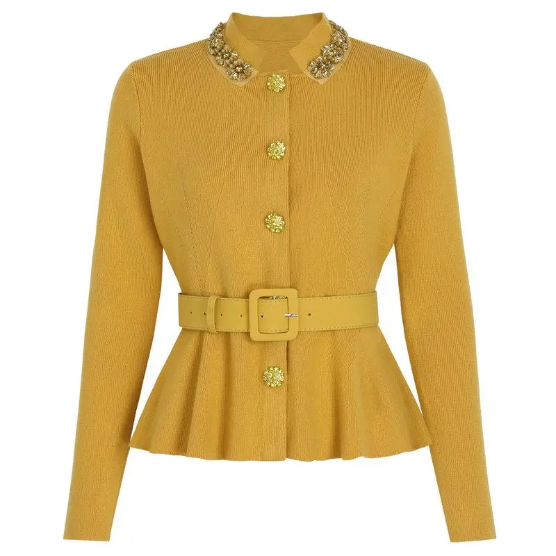 

High-Quality Fashionable Knitted Cardigan Pearl Embellished Heavy Work Spring Autumn New Style Women's Slim Fit Long Sleeve Top