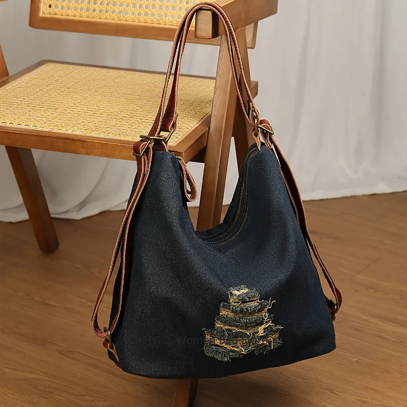 

2025 New Women's Denim Tote Bag Fashionable Color Blocking Large Capacity Casual Simple Crossbody Bag