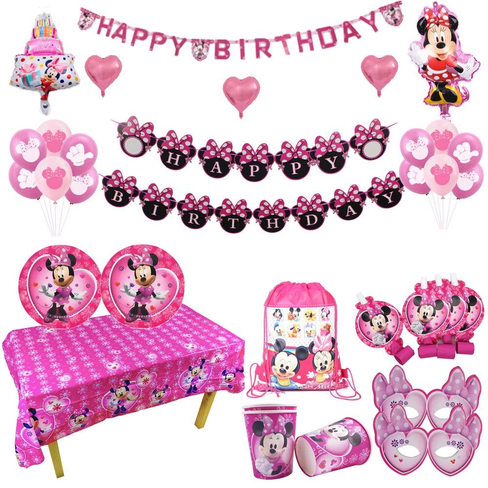 Minnie Mouse Theme Happy Birthday Party Supplies Disposable Tableware Set Paper Cup Plate Kids Girl Birthday Party Decoration