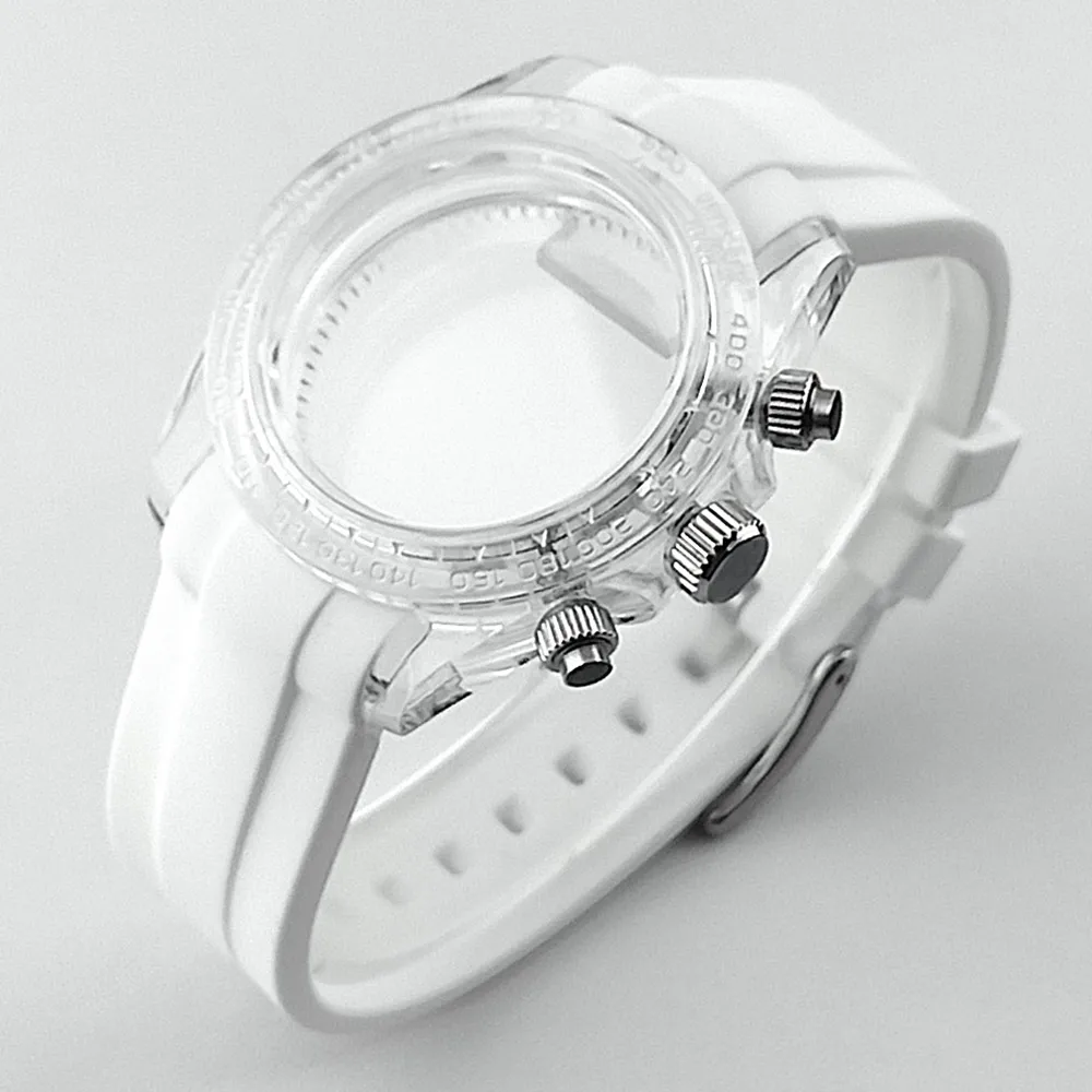 39,5mm Herren-Uhrengehäuse aus Acryl, transparent, geeignet für VK63, mit schwarzem, blauem, grünem, weißem Armband, Uhrenteile und Zubehör – Detail 13