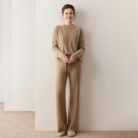 High-End 100% Pure Cashmere Women'S Suit With Round Neck Cable-Knit Sweater And High-Waisted Straight Pants Two-Piece Set - Image 3