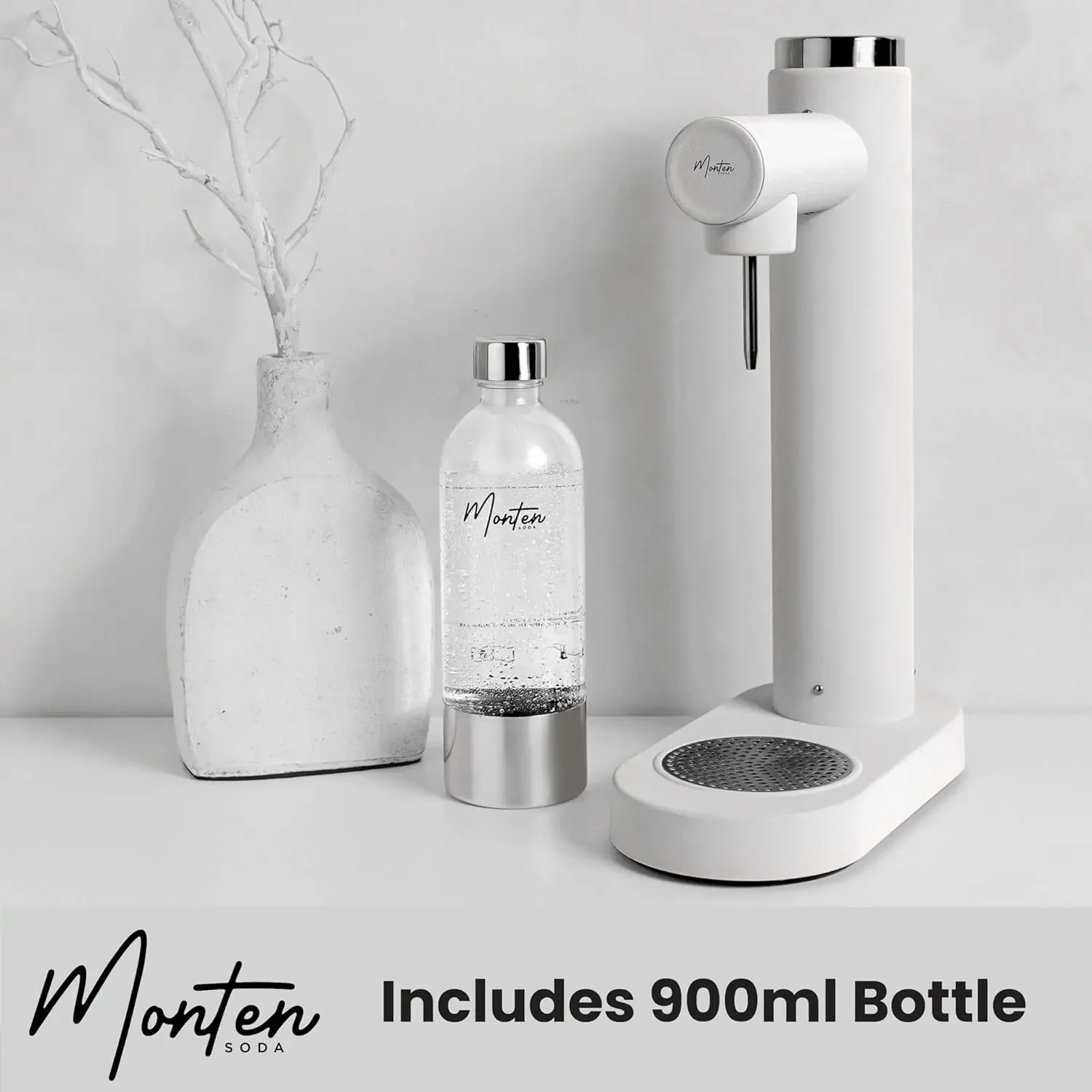 Sparkling Water Maker - Matte White Carbonated Water Machine - Includes 900ML Bottle - Made with Premium Stainless Steel