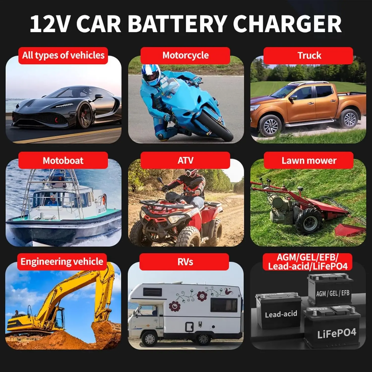 Carregador e manutenção de bateria inteligente 12V 6A com display LCD |   Plugue UE, para carros, caminhões, motocicletas, bateria não incluída