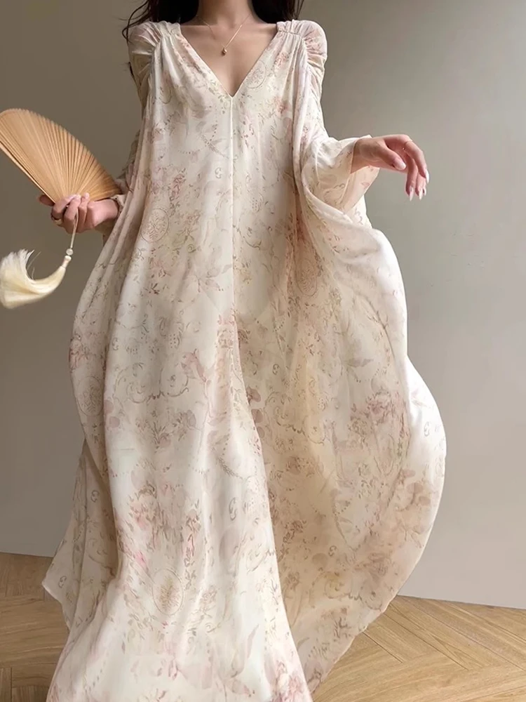 Loose Printing V Neck Batwing Sleeve Minimalist Elegant Dress Dresses For Women 2024 Luxury Brand High Quality