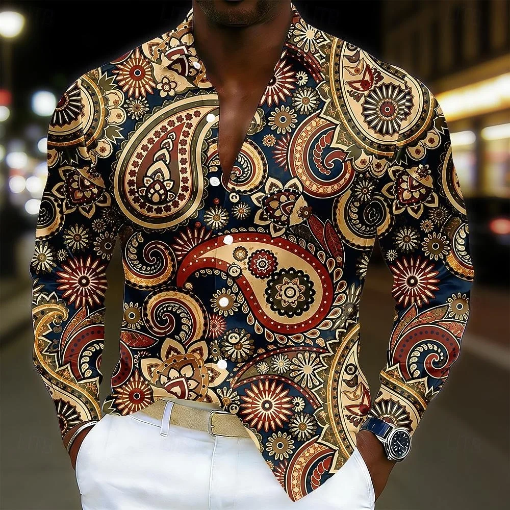 New men's retro ethnic style long sleeved shirt with pink orange purple gradient paisley spiral pattern lapel top