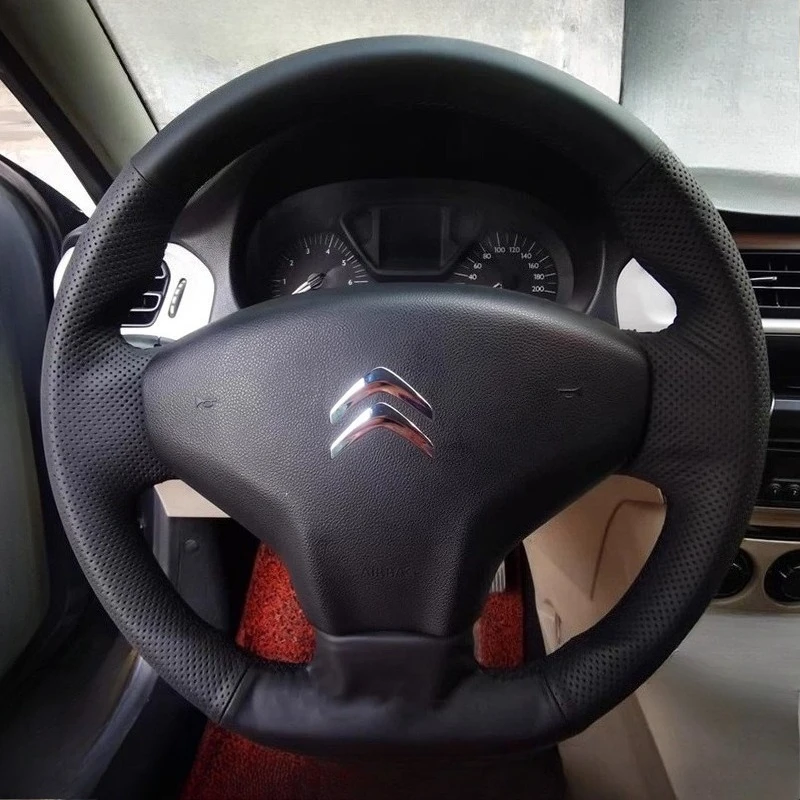 

For Citroen Elysee C-Elysee New Elysee Peugeot 301 Hand-stitched Black Genuine Leather non-slip Car Steering Wheel Cover