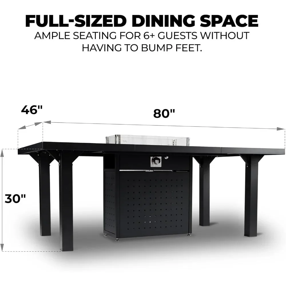 야외 직사각형 다이닝 파이어 테이블, 프로판 가스 파이어 피트 테이블, 스테인레스 스틸 버너, 통합 탱크 보관