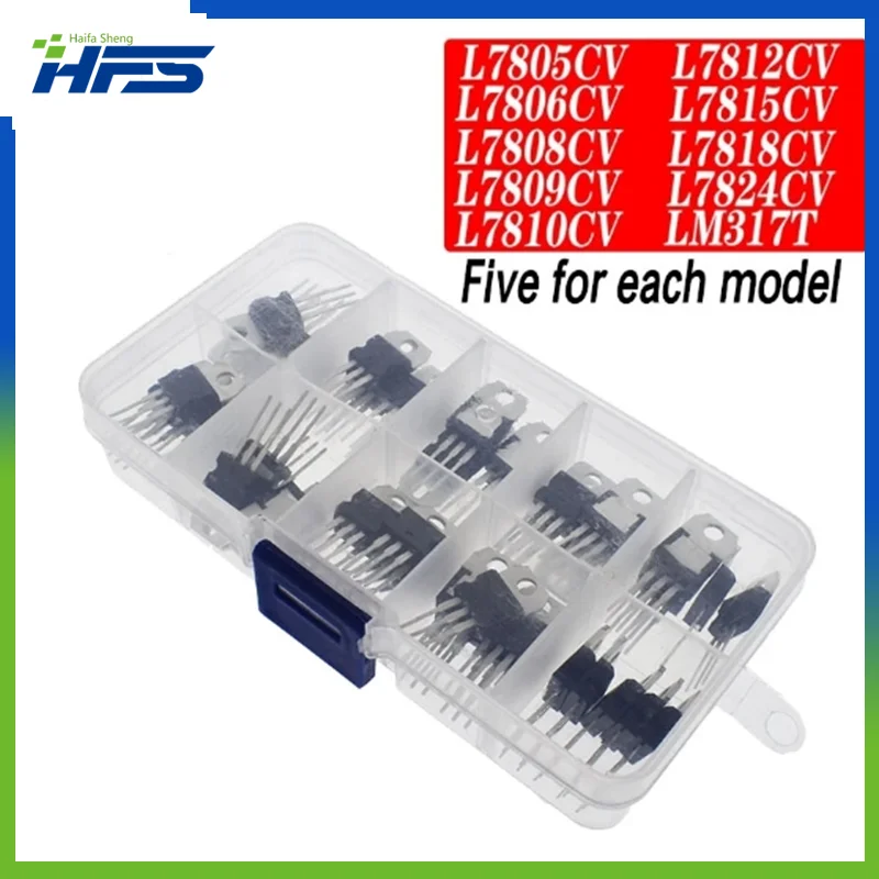 

LM317T L7805 L7806 L7808 L7809 L7810 L7812 L7815 L7818 L7824 Transistor Assortment Kit 10value 50PCS Voltage Regulator Box