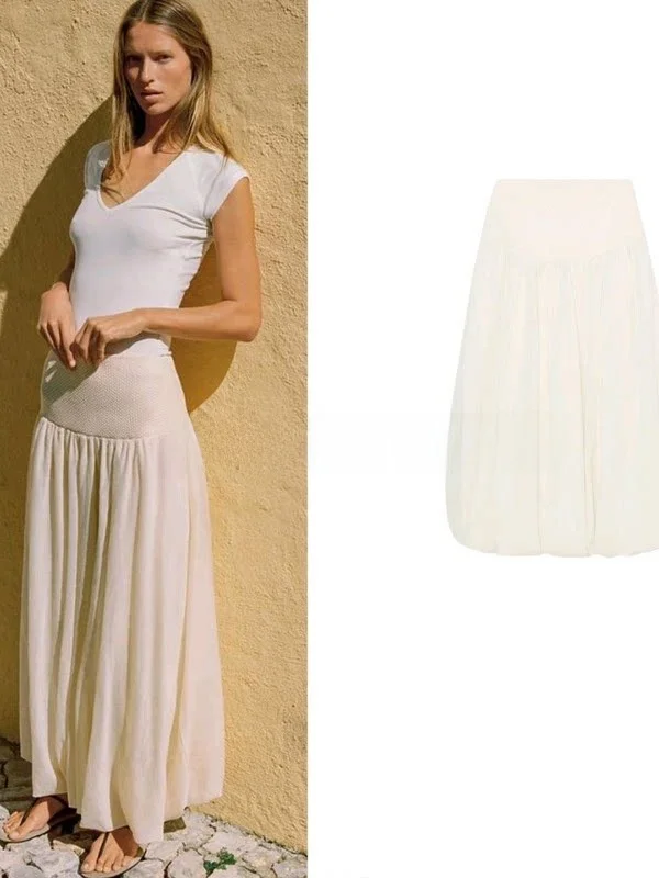 Summer Women's Knitted Half-length Skirt Balloon Silhouette Splicing Construction Vacation Style High Waist Citywalk Polyeste...