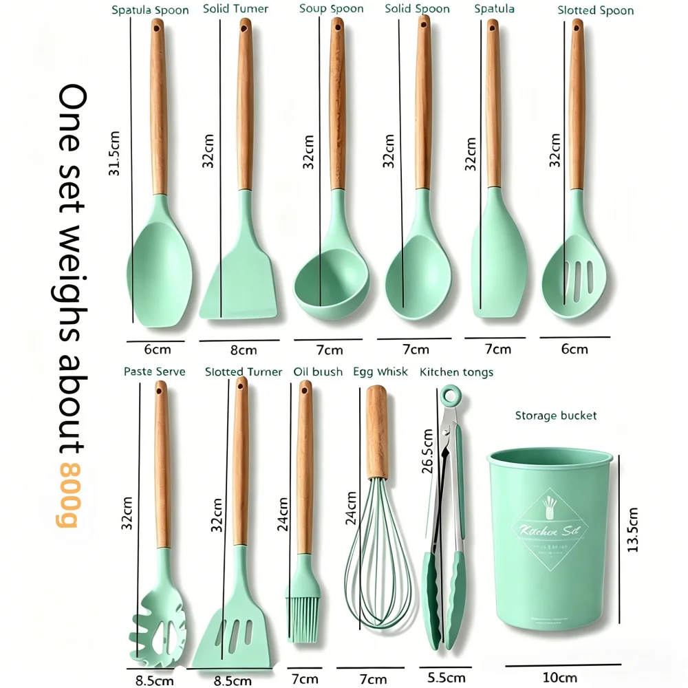12Pcs Food Grade Silicone Kitchen Utensils Set, Heat Resistant Non-Stick Cooking Tools with Wooden Handle, Turner Spatula Measuring Spoon Whisk Clip Kitchenware Kit for Home Cooking