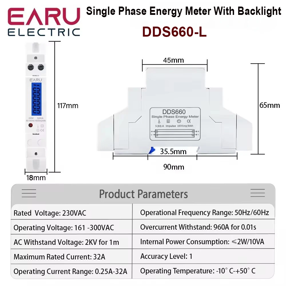 18mm 1P 230V 50HZ Din Rail Single Phase Electronic Energy Meter Lcd Digital Display Counter kWh Power Comsumption Monitor