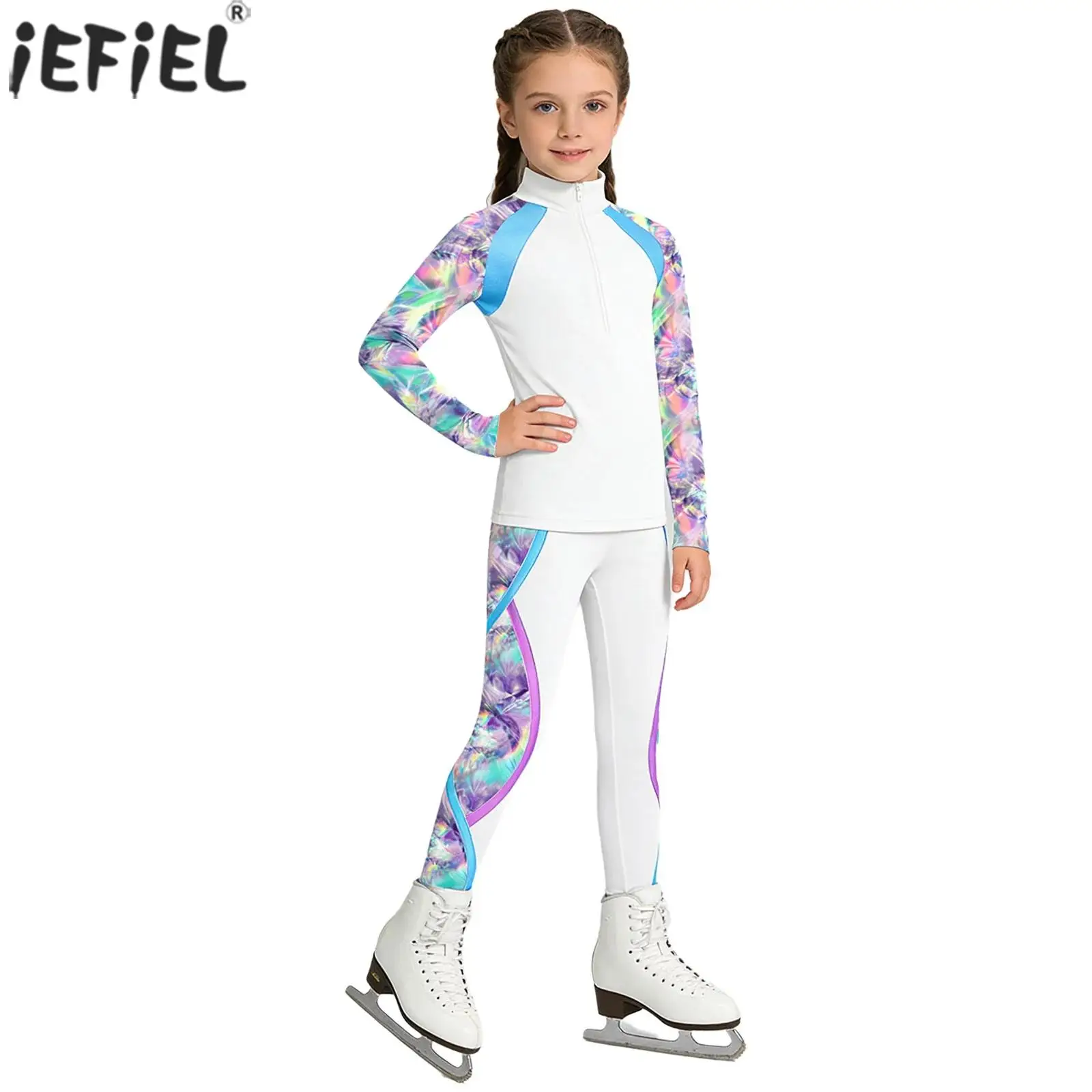 Kinder Mädchen Eiskunstlauf-Trainingshose Jacke Fleece-gefüttert Bedruckter Langarm-Pullover mit Leggings Gymnastik-Trainingsanzug