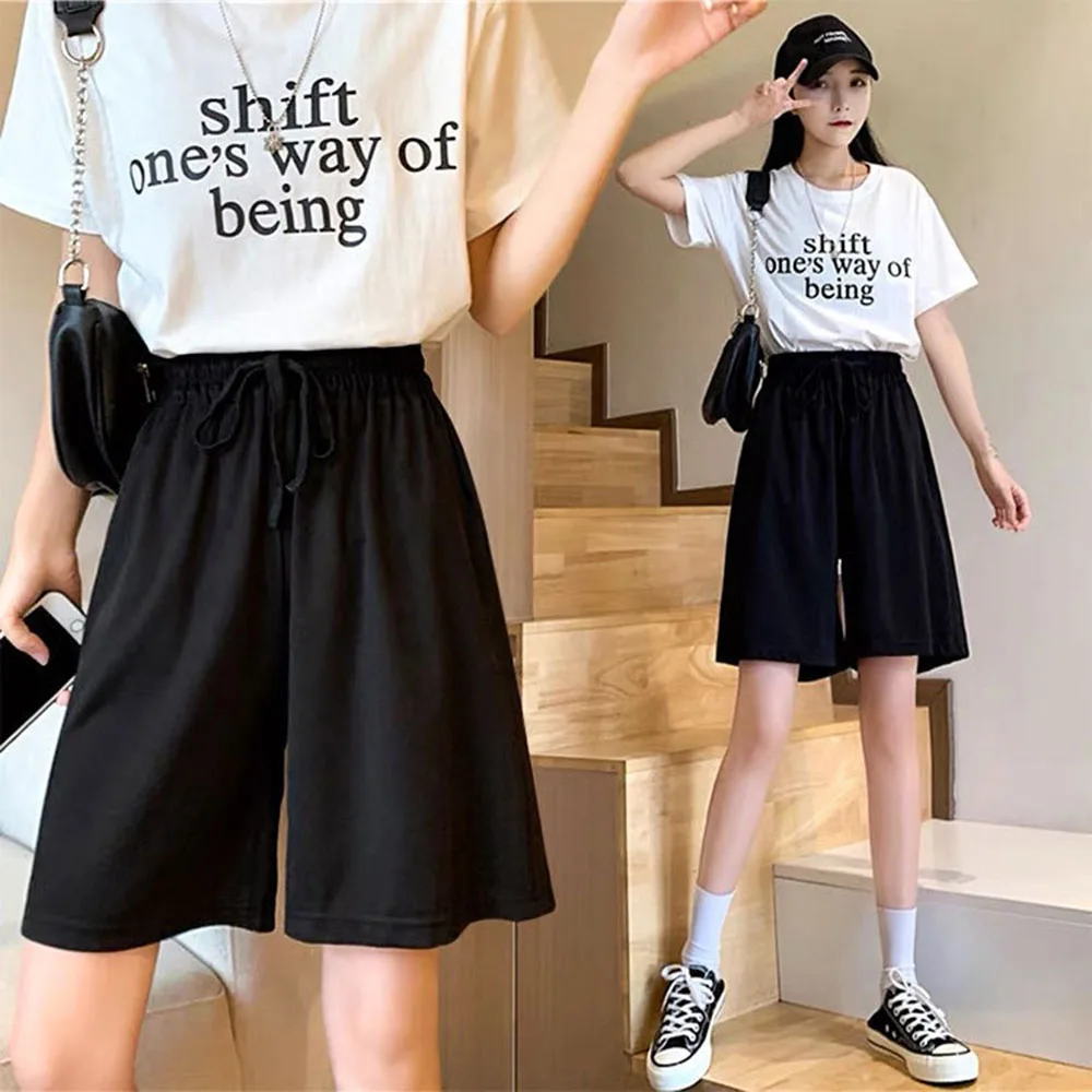 2024 Women loose Shorts Summer casual Two Pockets Shorts High Waist Drawstring pants for Girls Wide Leg pants Cool female shorts