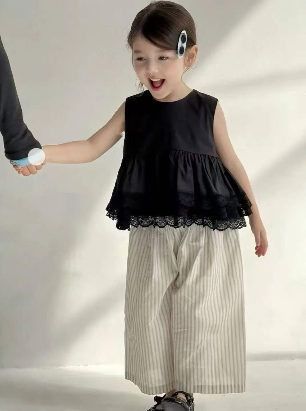 Girls' Set Fashion Doll Shirt Sleeveless Lace Black Vest+ striped Pants Mosquito Proof Pants Summer Girls' Clothing Sets image 6