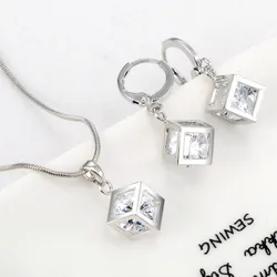 New Temperament Hollow Geometry Cube Zircon Pendant Silver Color Stainless Steel Crystal Necklace Earrings Jewelry Set for Women