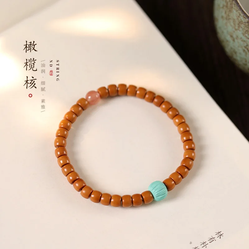 

Olive Stone Straight Cut Barrel Single Circle Magnesite Turquoise Carved Lotus Lucky Bead Bracelet HandString