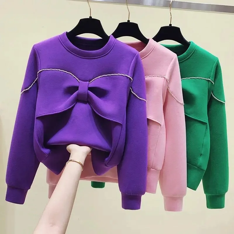 

Autumn And Winter New Hoodie Ladies jacket Round Neck Studded Design Sense Fashion Joker Fashion Bow Loose Sweater Top Woman