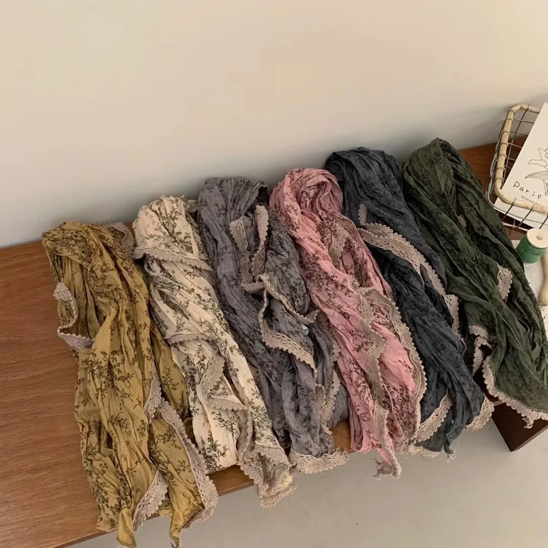 

Women's Scarves Japanese Retro Artistic Floral Fashionable Lace Cotton Linen Pastoral Style High-quality Versatile Silk Scarf