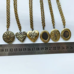 1pc Vintage Heart Round Oval Locket Pendant Long Chain Photo Frame Sweater Necklace Women Men Fashion Memorial Jewelry Gift