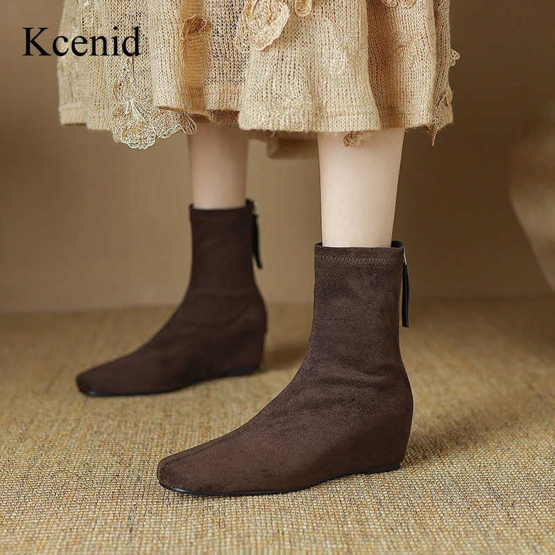 

Kcenid Autumn Fashion Hign Quality Square Toe Vintage Ankle Boots Sexy Concise Height Increasing Low Heel Women Party Shoes