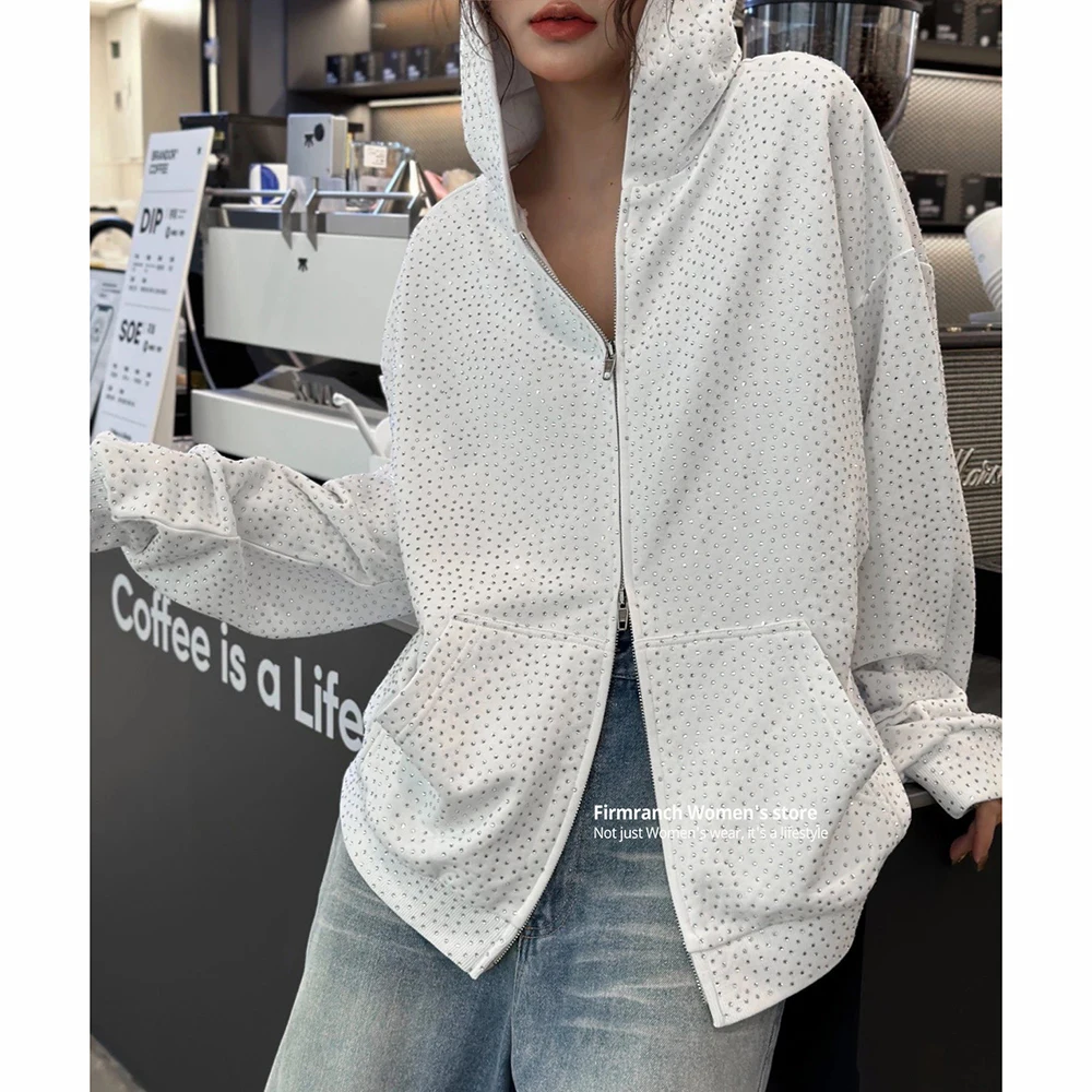 Firmranch Rhinestone Diamond Oversized Hoodies For Women Men Heavy High Quality Cotton Black White Shining Hooded Sweatshirt