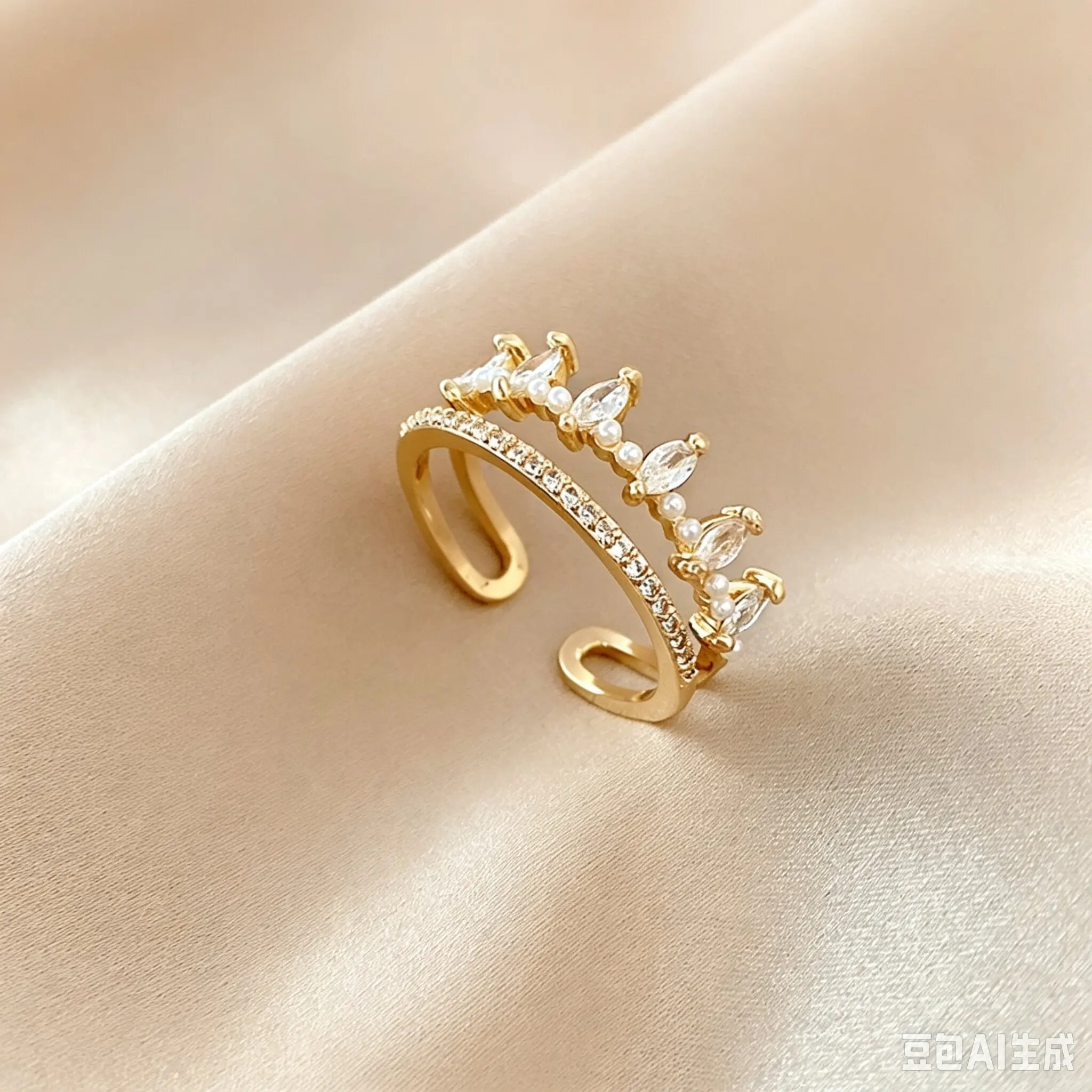 Korean New Luxury Golden Copper Rhinestone Rings Sparkling Princess Crown Ring for Women Fine Jewelry Wedding Gifts