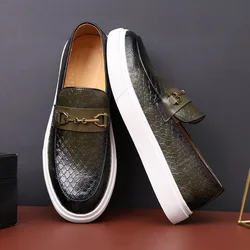 Fashion Men's Casual Shoes Embossed Leather Men Classic Buckle Loafers Mens Slip-on Board Shoes Outdoor Driving Flats