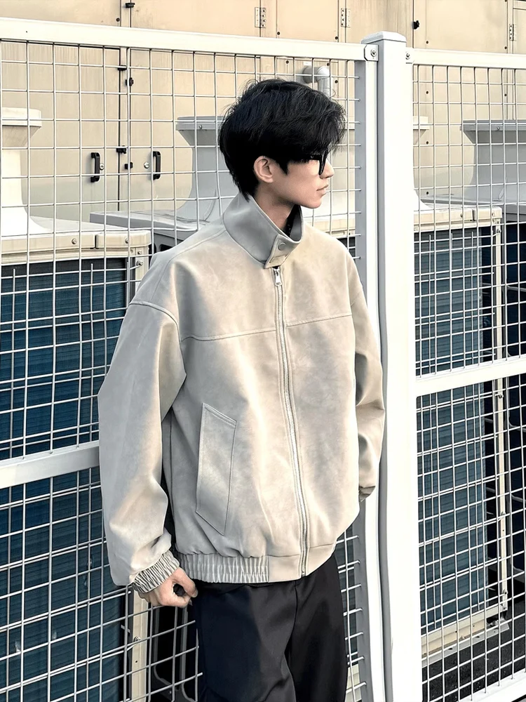 

Tie-Dye PU Leather Jaet Men's Spring Autumn Sle Stand Collar Loose Fit Biker Coat American Retro Cleanfit Couple's Jaet