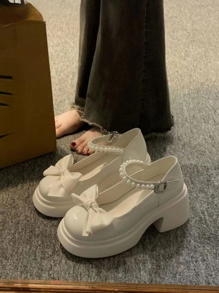 

Round Toe Kawaii Lolita Shoes Woman Casual Elegant Pure Color Bow Pumps Non-slip Korean Style Medium Heel Shoes Chic Summer 2023