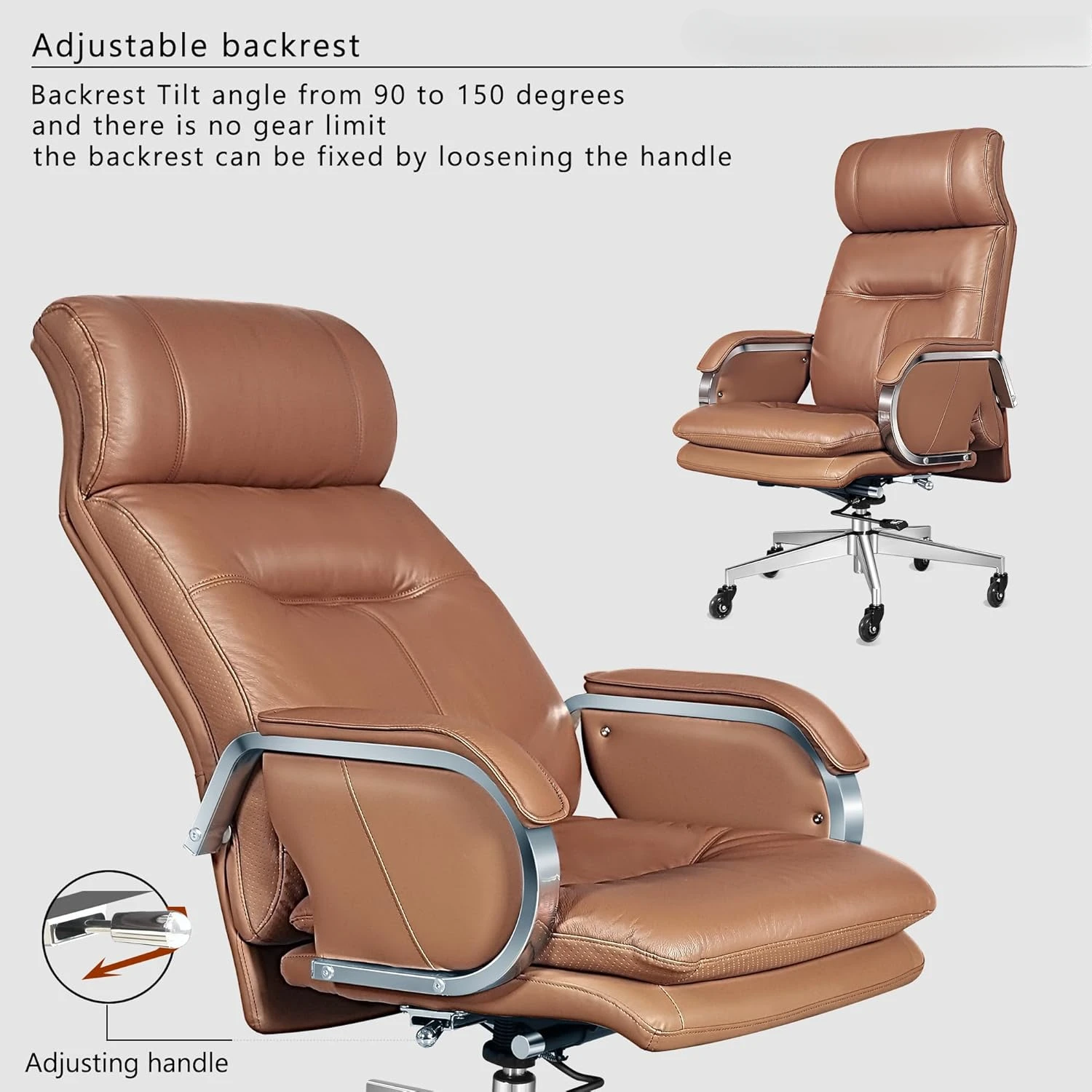 Genuine Leather Modern Executive Chair High-Back Support 90 to 150 Degrees Tilt and Upholstered Home Desk Computer Office Chair