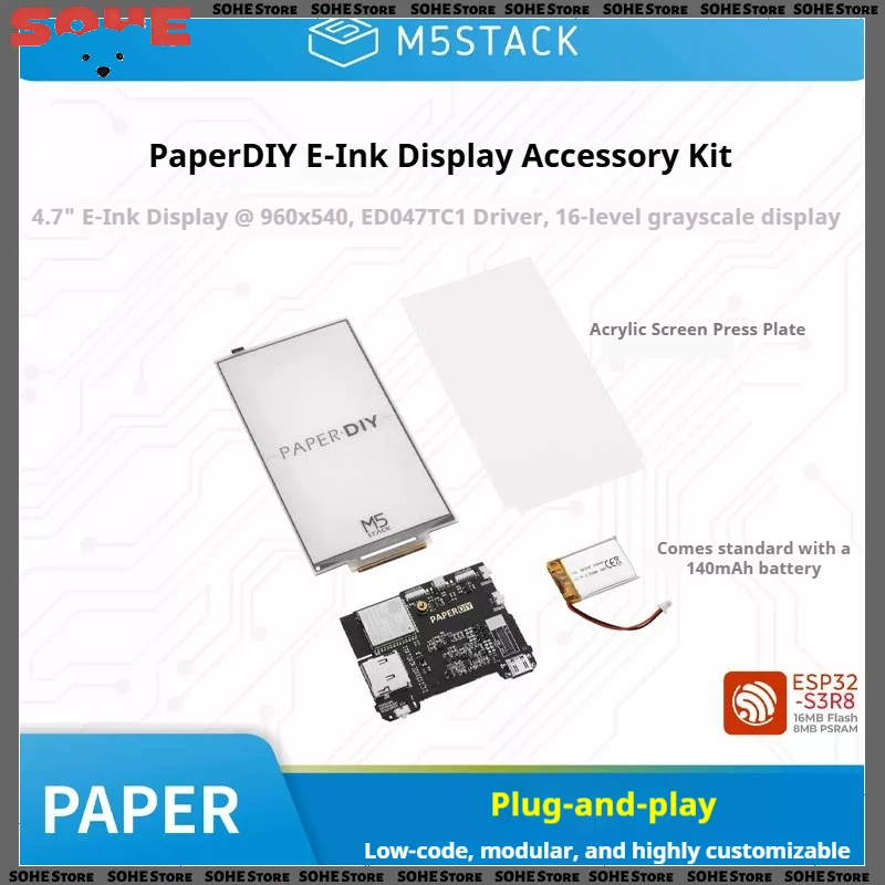 M5Stack PaperDIY Assembly Kit, ESP32-S3R8 4.7 Inch E-Paper Display 960×540 16 Gray Scale E-Ink Screen DIY Development Board