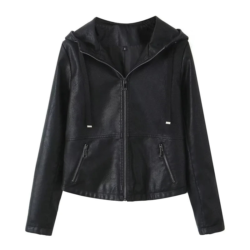 Bla Kapuzen-PU-Leder-Oberbekleidung für Damen, Frühling und Herbst, 2025, neuer Stil, lässiger Reißverschluss, tailliertes Taillenleder