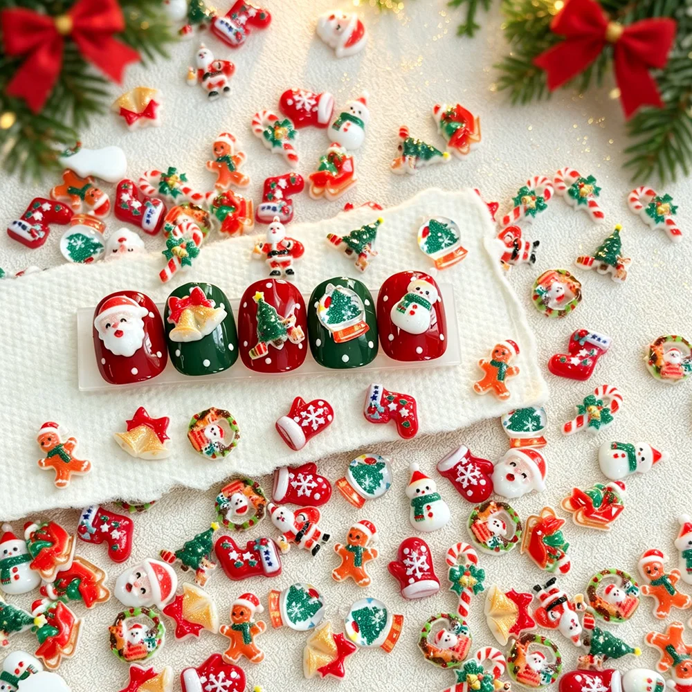 50Pcs Mixed Santa Snowman Gingerbread Man Nail Charms Xmas Tree Sock Elk Bell Candy Cane Wreath Nail Decor DIY Christmas Supplie