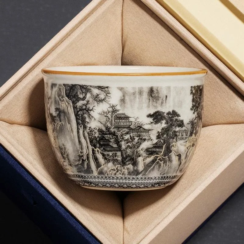 

Nourishing Ceramic Tea Cup65ML Ru Kiln Ink Landscape Round Tripod Teacup, Personal High end Master's Cup, Single Cup, Opening,