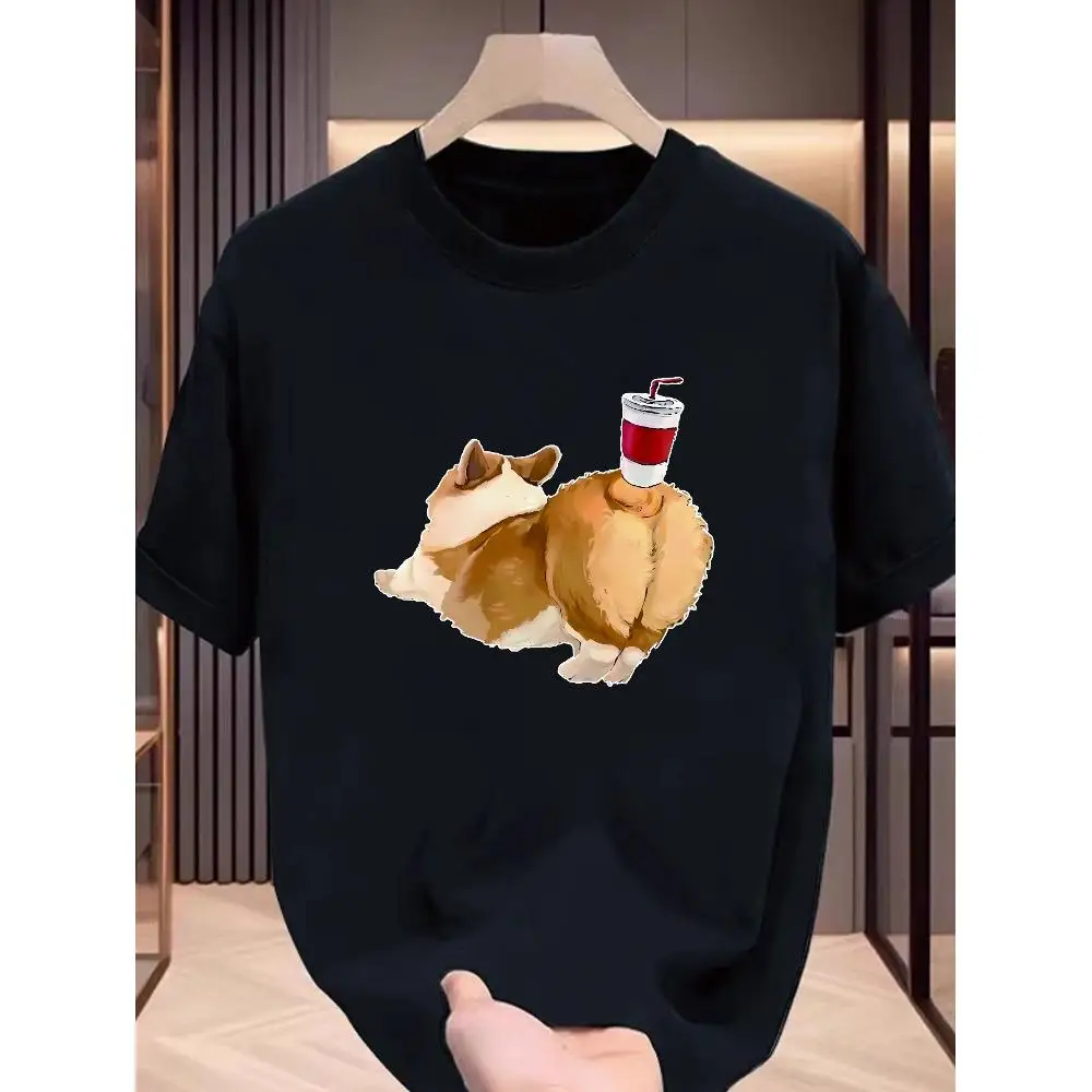 Corgi Dog Print T-shirt Unisex Loose Fit Short Sleeve Casual Cotton Summer Daily Wear Couple Trendy Fashion Streetwear Outfit