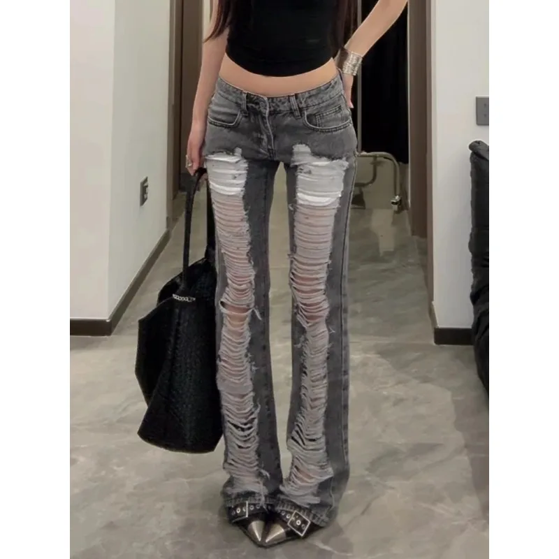Jean slim déchiré gris pour femmes, pantalon en Denim Vintage Y2k Harajuku, Style japonais des années 2000, Emo, surdimensionné, pantalons longs, vêtements